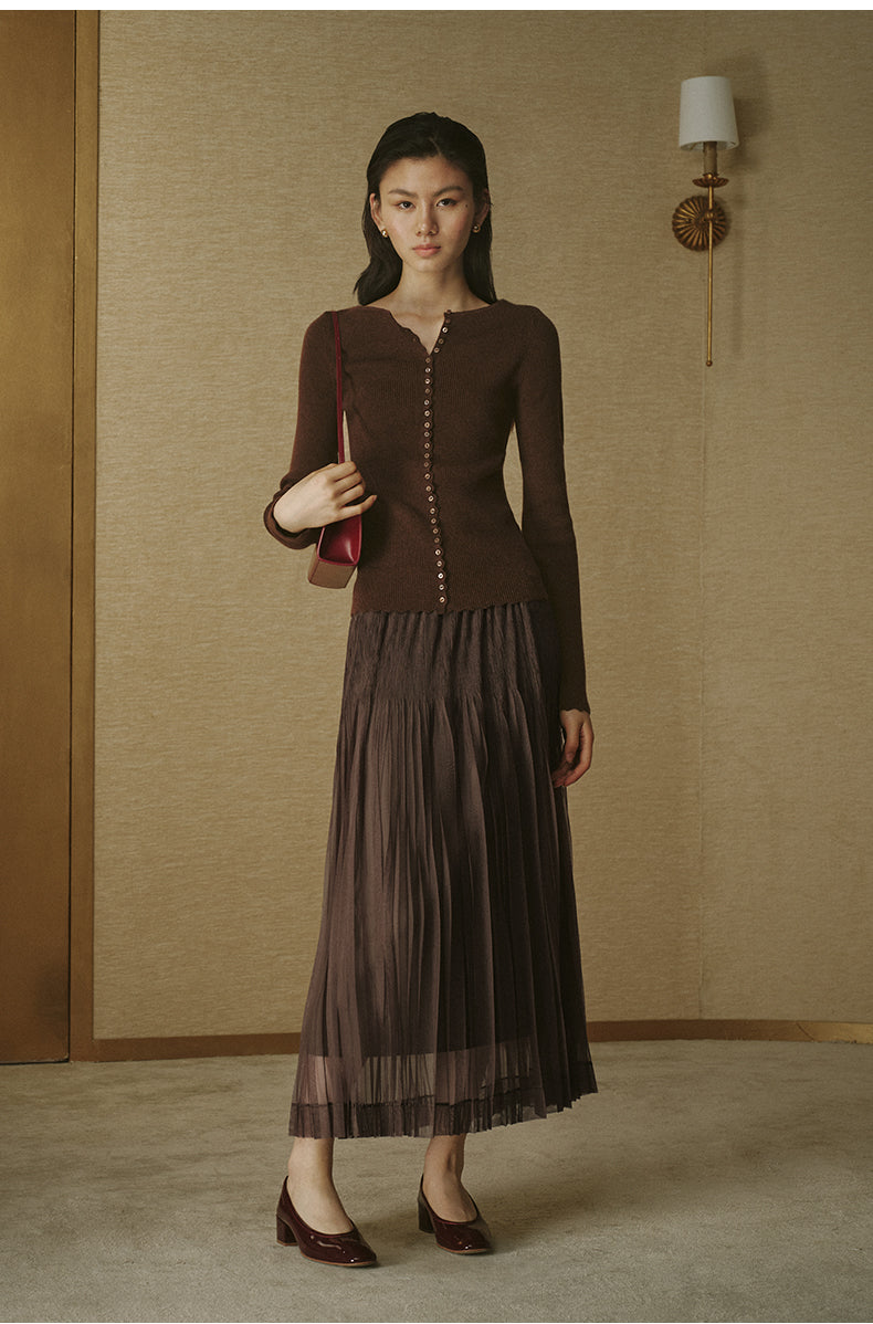 Pleated Mesh Midi Skirt