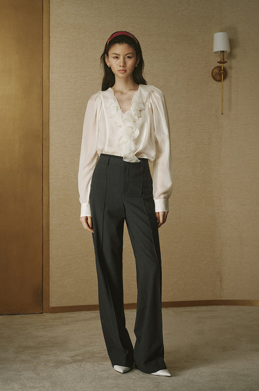 Crinkled Ruffle Sleeve Shirt Cream White