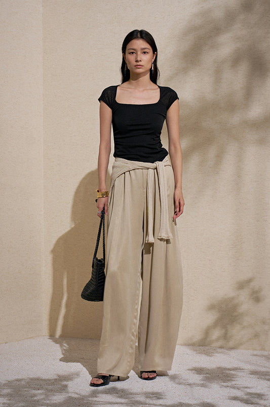 Cupro Elastic Wide Trousers Apricot Grey