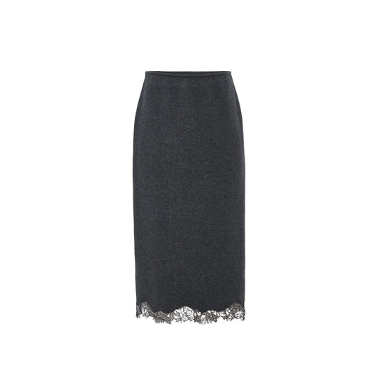 Gu Xiang Man Lace-Hem Wool Skirt - Deep Smoky Grey flat view