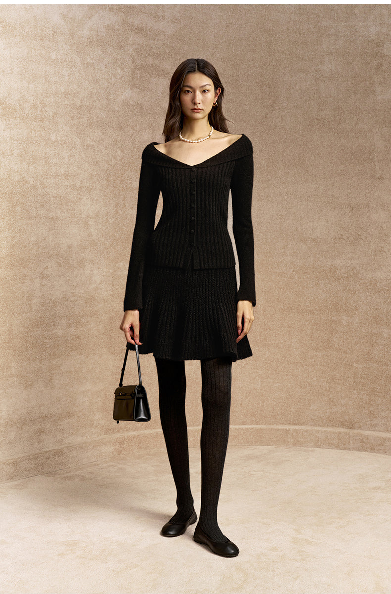 Mulan Flared Knit Mini Skirt in Ink Black - front view - Ink Black
