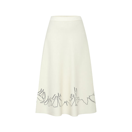Fuhuajin Embroidered Wool Blend Skirt in Ivory White - flat lay