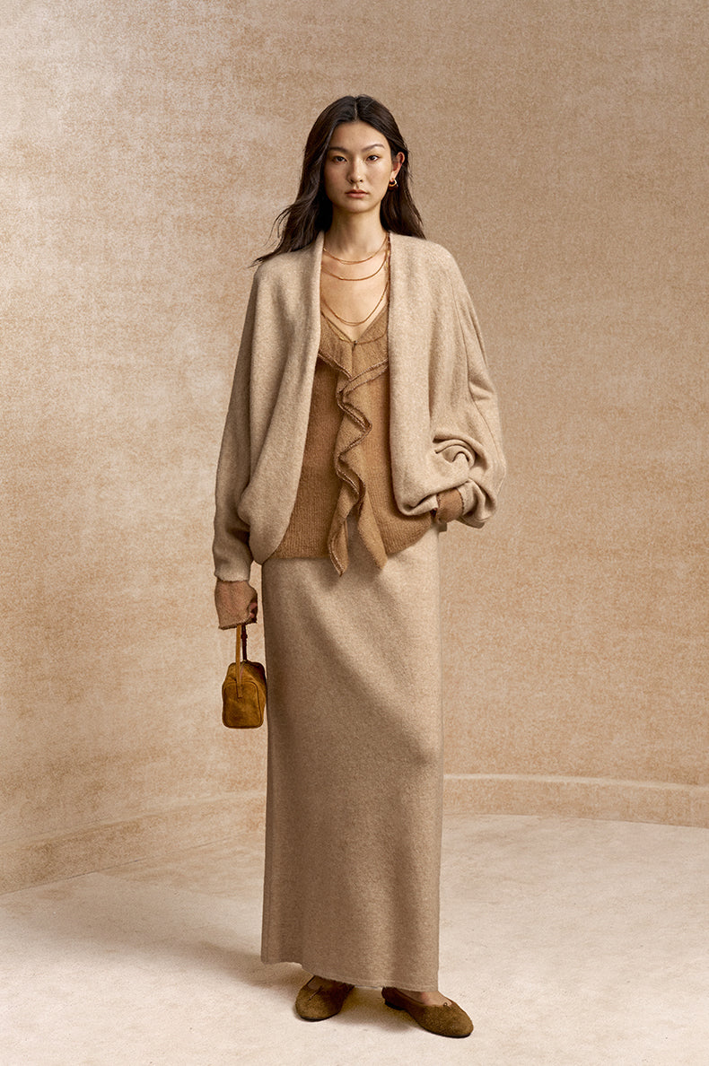 Zuidongfeng Batwing V-Neck Knit Cardigan in Beige Camel - view 1