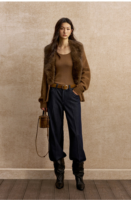 Ganzhou Faux-Fur Collar Cable Cardigan in Amber Brown - view 2