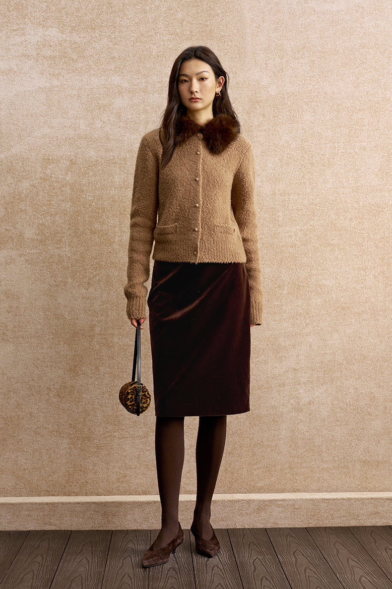 Yudiaohuan Detachable Faux Fur Collar Cardigan in Light Tea Camel - view 1