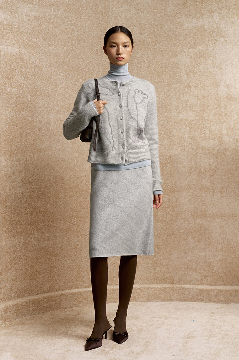 Qi Luo Xiang Floral Knit Cardigan in Light Dew Grey - view 1