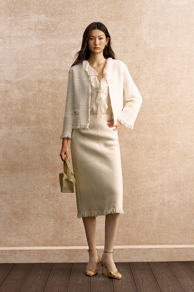 Yimeng Fringed Textured Knit Jacket in Pearl White - view 1