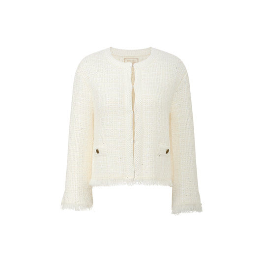 Yimeng Fringed Textured Knit Jacket in Pearl White - white background collection hover