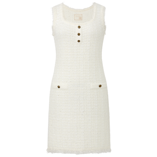 Yidian Fringed Textured Knit Dress in Pearl White - collection hover