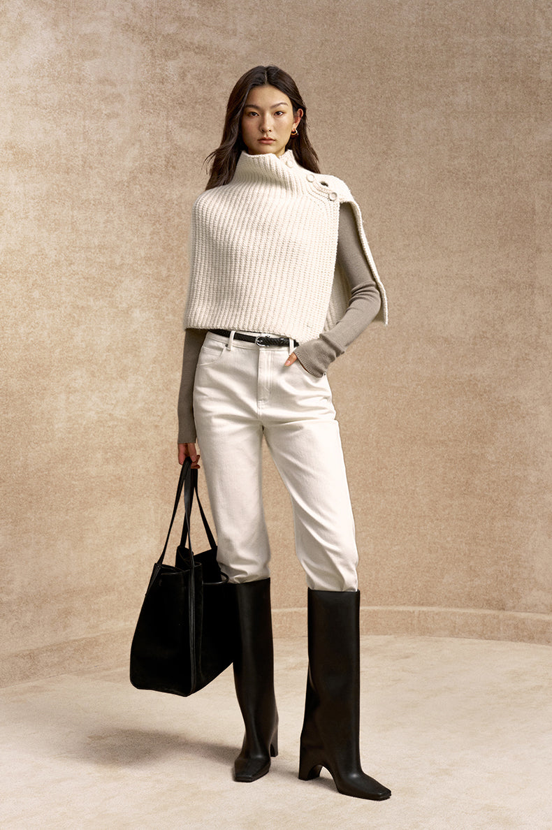 Baixuan Buttoned Rib Knit Cape in Frost White - view 1 - Frost White