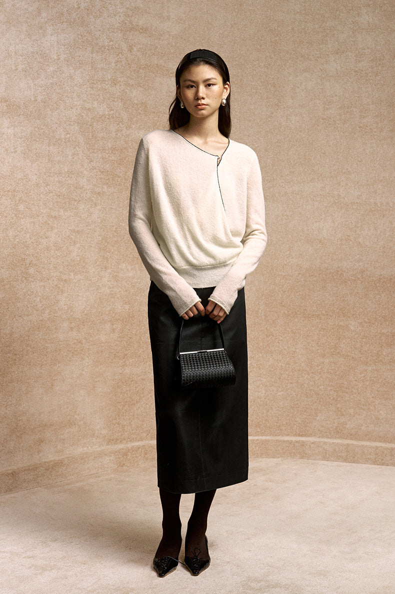 Xuanguanzi Asymmetric Drape Wool Sweater in Ivory White - view 1
