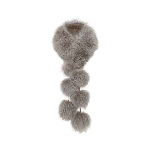 Xuexiang Fox Fur Pompom Scarf in Sand Grey - flat lay
