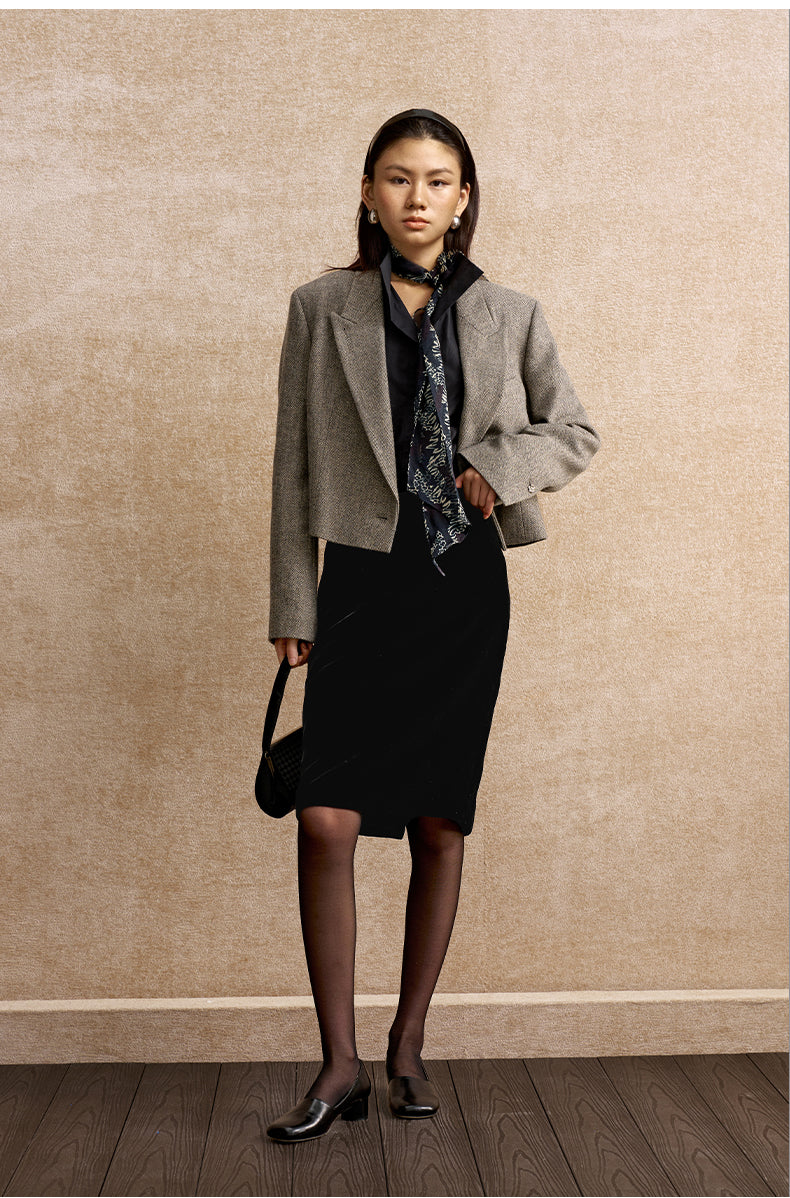 Guatingqiu Draped Velvet Pencil Skirt in Graphite Black - view 1