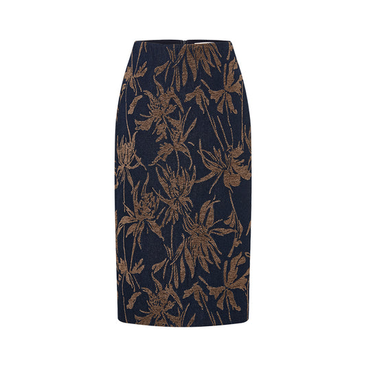 Dongfengqi Botanical Jacquard Skirt in Warm Coffee - flat lay