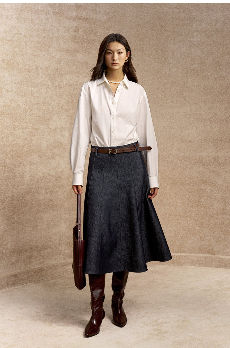 Huaemei Denim Effect Flared Midi Skirt in Deep Denim Blue - view 1
