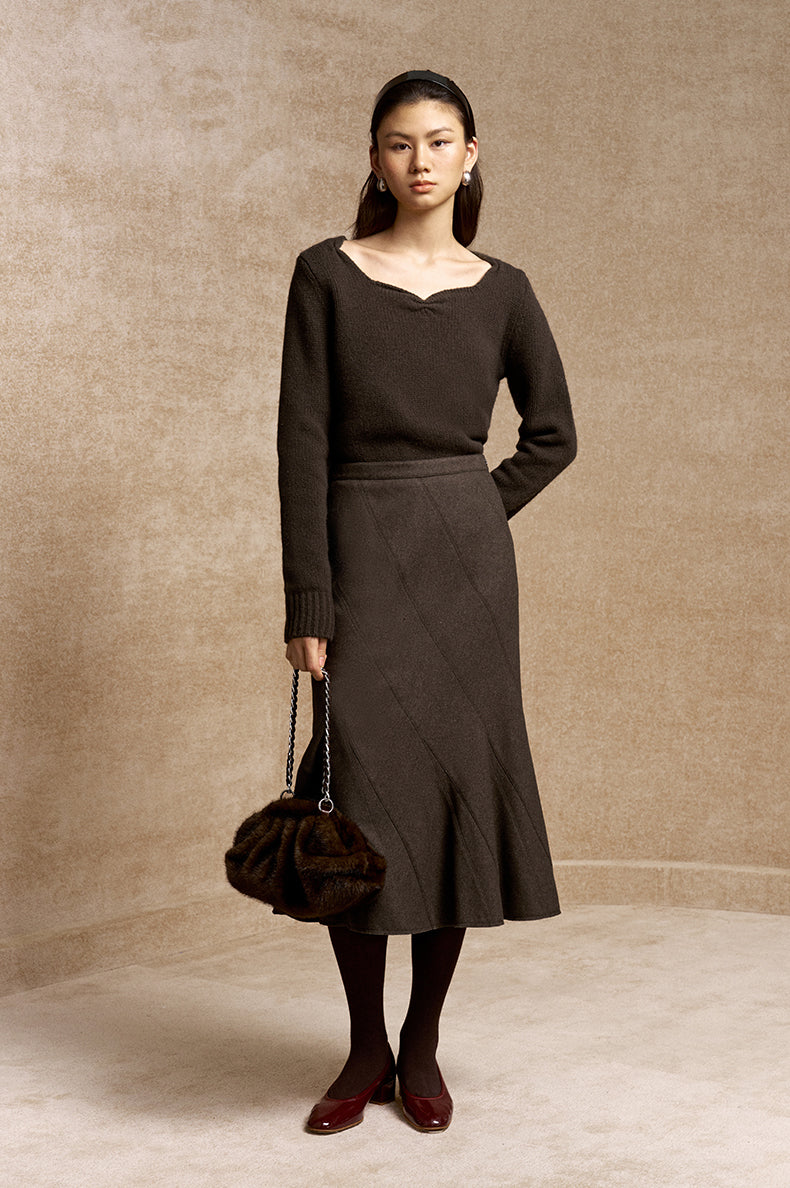 Buyue Panelled Fishtail Midi Skirt in Coffee Brown - view 1