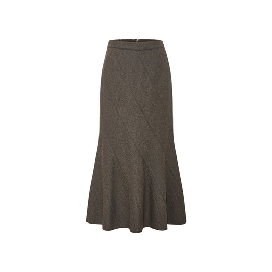 Buyue Panelled Fishtail Midi Skirt in Coffee Brown - white background collection hover