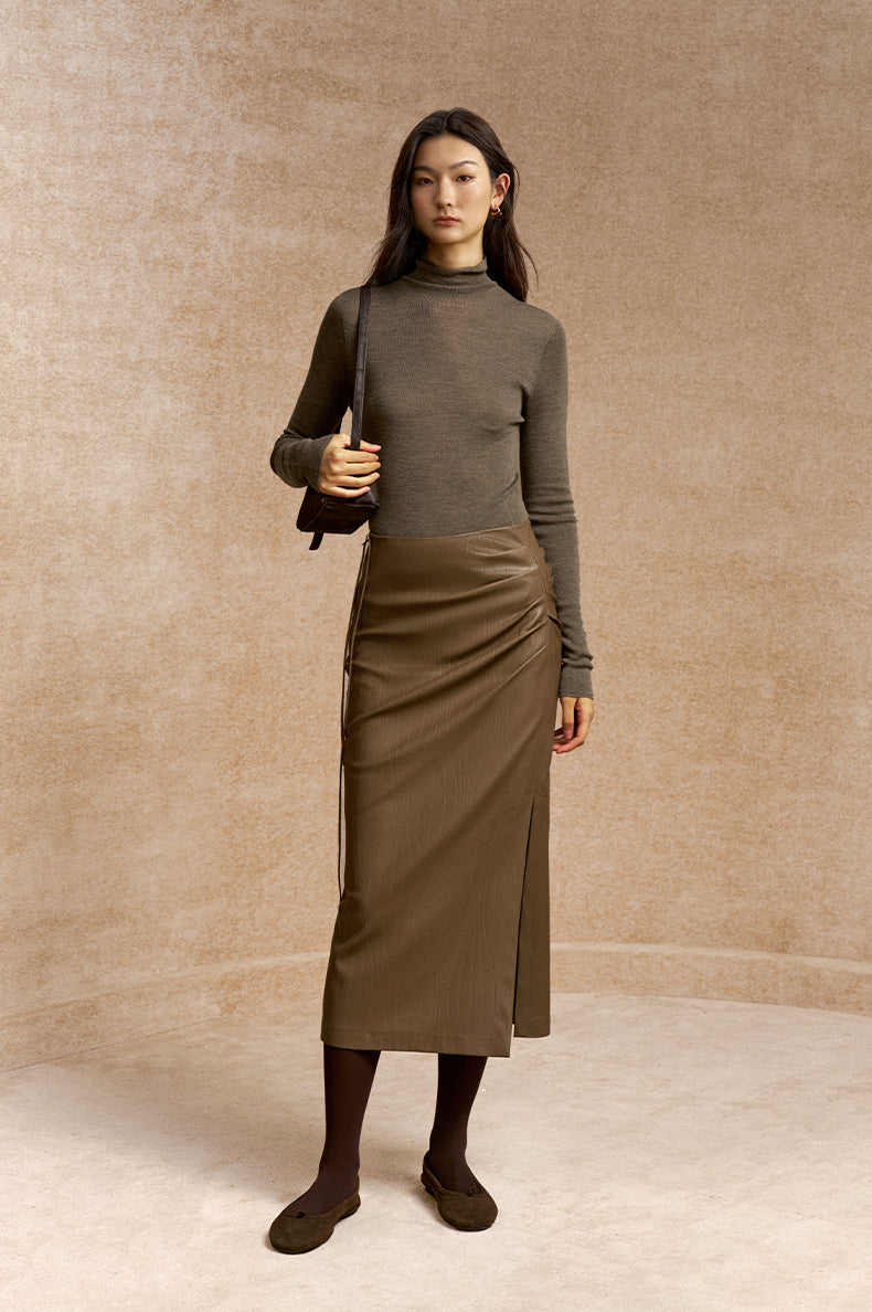 Liangnianyou Draped Faux Leather Skirt in Grey Khaki - view 1