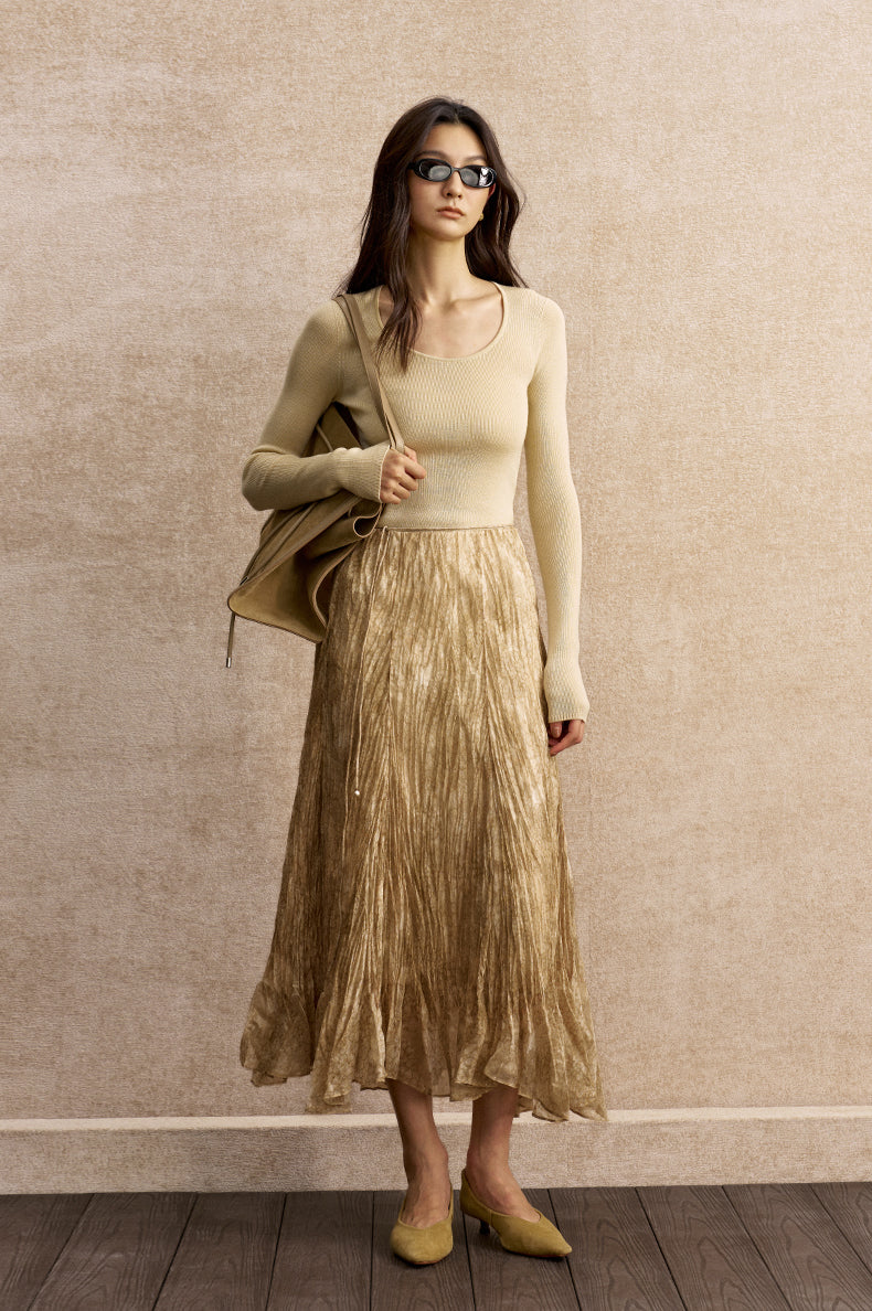 Fenglaichao Textured Flared Maxi Skirt in Stone Pale Gold - view 1