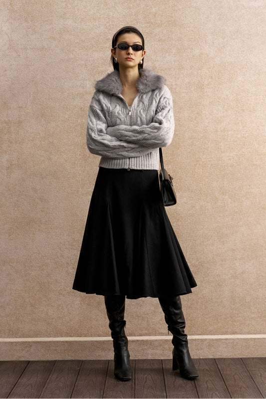 Shan Que Liu Godet Wool-Blend Skirt - Deep Ink Black