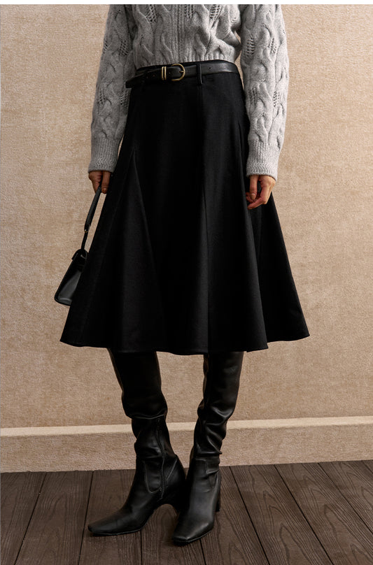 Shan Que Liu Godet Wool-Blend Skirt - Deep Ink Black