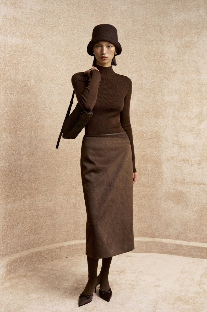 Hongdoushan Faux Suede Pencil Skirt in Mocha Brown - view 1