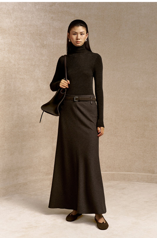 Zuichuntai Belted A-Line Melton Skirt in Coffee Brown - view 2