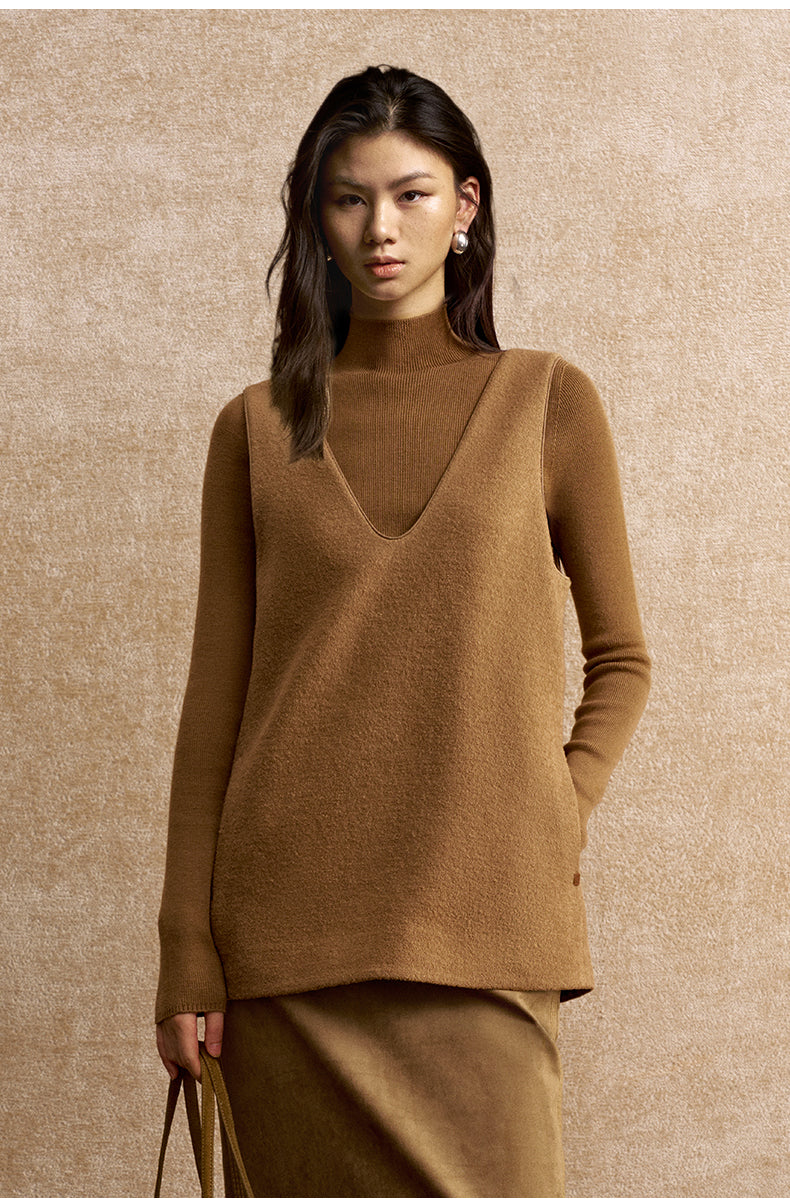 Quanerci Deep V Wool Layering Vest in Warm Sand Camel - view 1