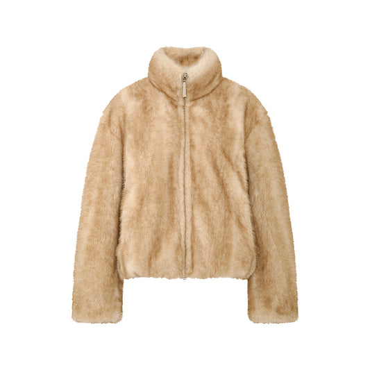 Longshanhui Zip Front Faux Fur Jacket in Honey Beige - flat lay