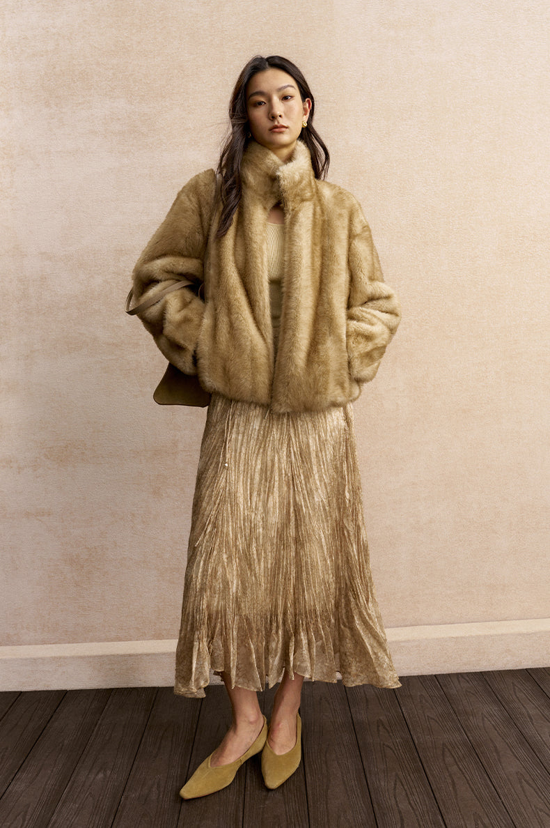 Longshanhui Zip Front Faux Fur Jacket in Honey Beige - view 1 - Honey Beige