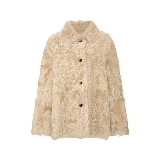 Mojingchun Reversible Shearling Shirt Jacket in Sand Yellow - flat lay