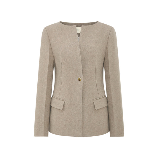 Luoyue Collarless Wool Blend Tailored Jacket in Light Tea Camel - flat lay
