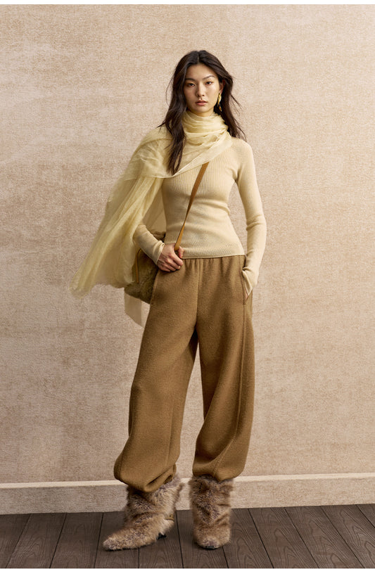 Xue Shi Er Wool-Blend Wide-Leg Pants - Warm Sand Camel