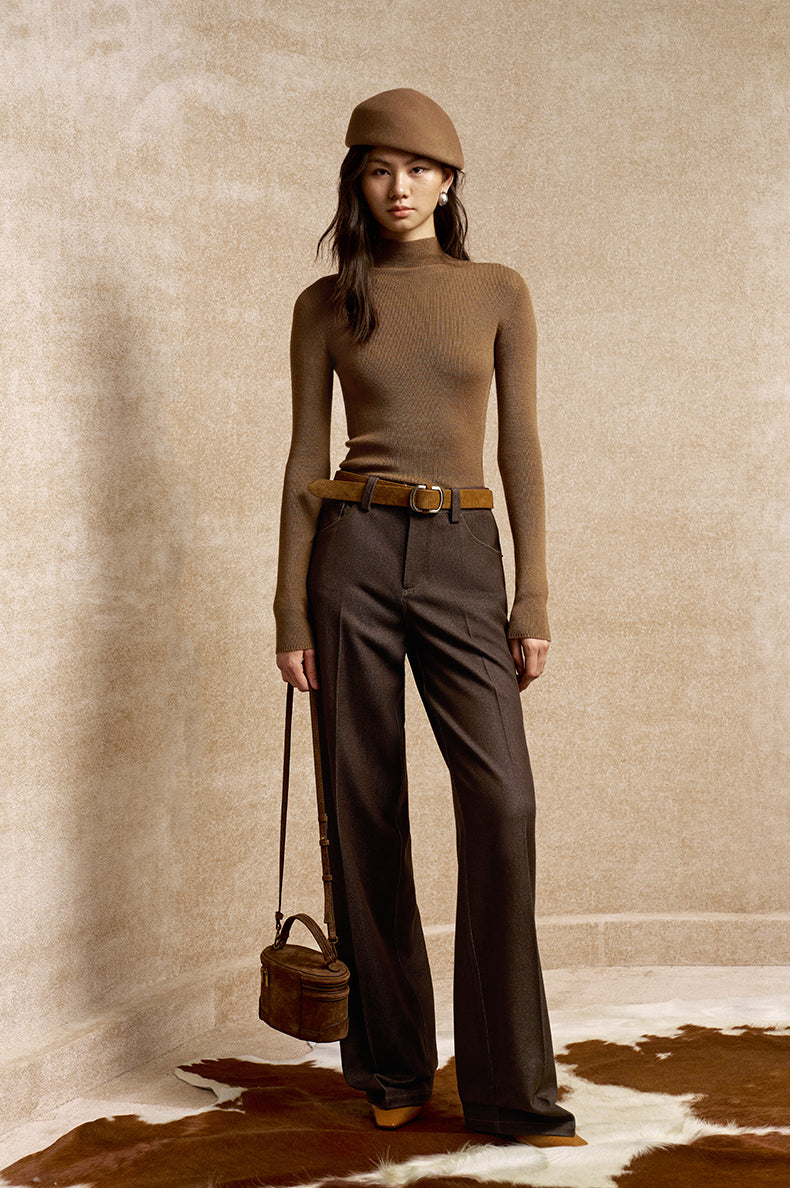 Hansong Draped Denim-Look Straight Trousers in Dark Brown - view 1
