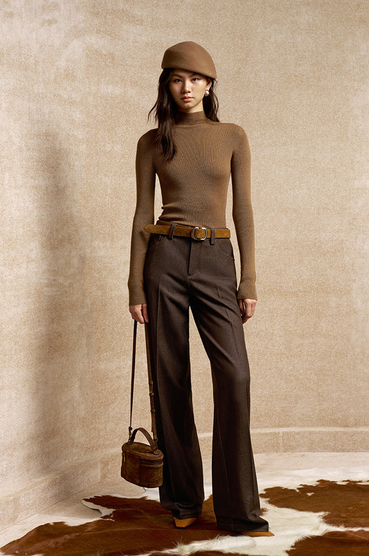 Hansong Draped Denim-Look Straight Trousers in Dark Brown - view 1
