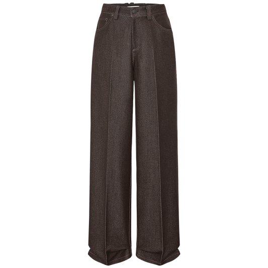 Hansong Draped Denim-Look Straight Trousers in Dark Brown - collection hover