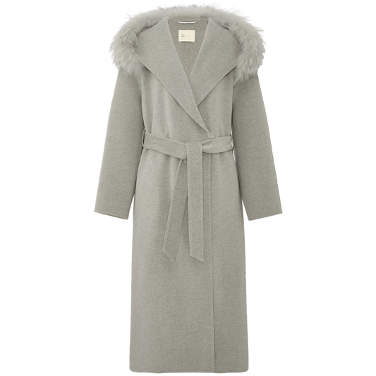 Zhishuangxin Hooded Belted Wool Blend Coat in Light Ink Gray - flat lay