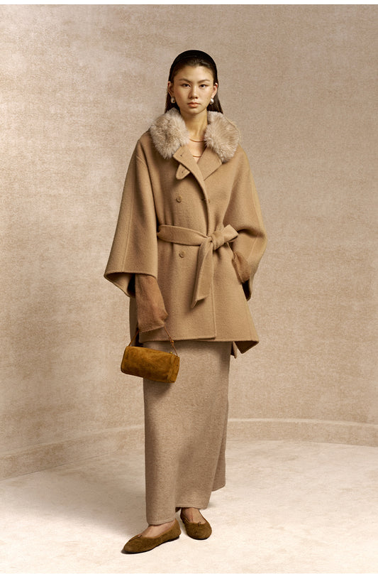 Dongbo Detachable Collar Wool-Blend Cape in Frosted Apricot Camel - view 1