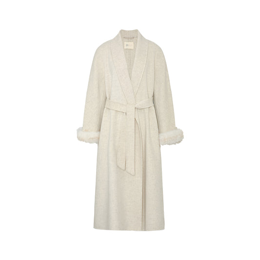 Yebanyue Fur Cuff Wool Wrap Coat in Natural White - flat lay