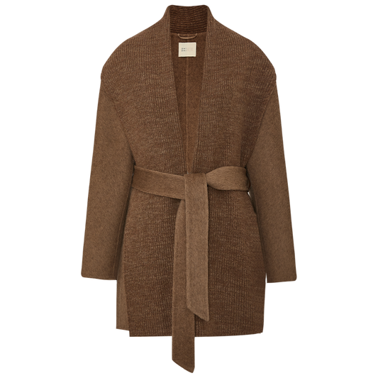 Duyanbo Knit Collar Belted Wool Coat in Warm Sand Camel - flat lay