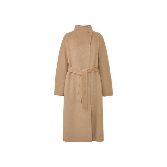 Hantingxu Sculpted Belted Wool Coat in Frosted Apricot Camel - flat lay