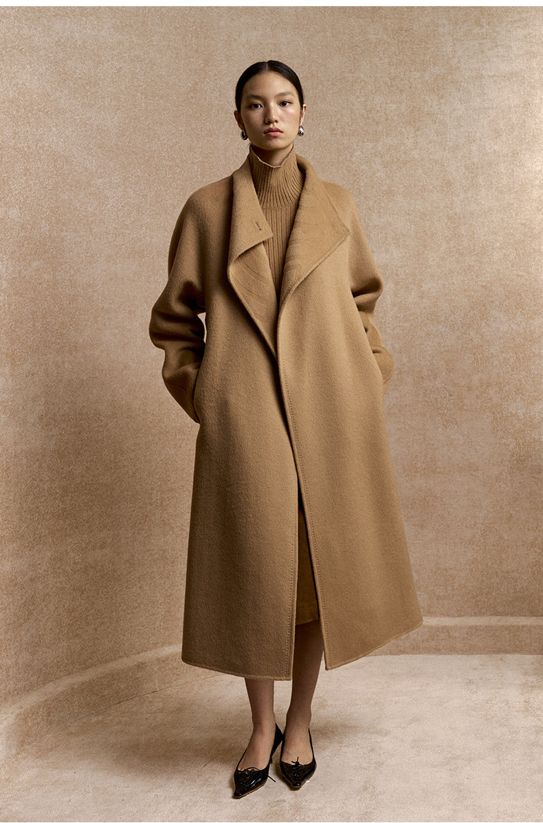 Hantingxu Sculpted Belted Wool Coat in Frosted Apricot Camel - view 1