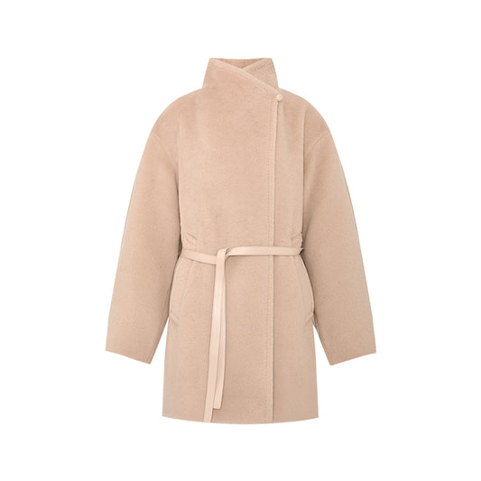 Dongshengsui Belted Alpaca Wool Coat in Champagne Pink - flat lay