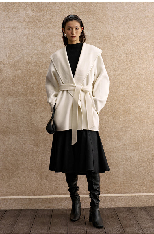 Yushengyan Hooded Wrap Wool Coat in Ivory White - view 1 - Ivory White