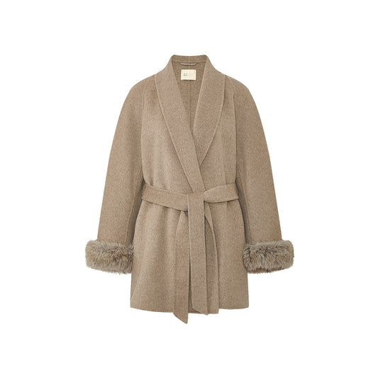 Ximeiling Fur Cuff Wool Wrap Coat in Oat Latte - flat lay