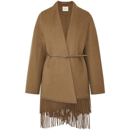 Xiangsikou Fringed Belted Wool Coat in Classic Camel - flat lay