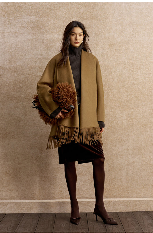 Xiangsikou Fringed Belted Wool Coat in Classic Camel - view 1