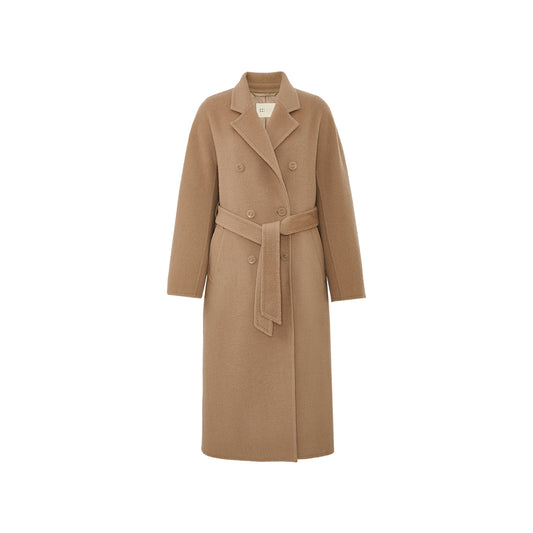 Wangminghe Wool Silk Yak Belted Coat in Frosted Apricot Camel - flat lay