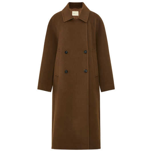 Ta Que Zhi Double-Breasted Wool Coat in Roasted Brown - flat lay
