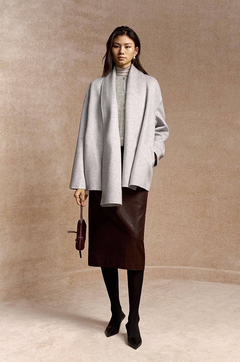 Dongriyun Draped Scarf Wool Coat in Mist Grey - view 1